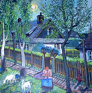 Babcia z kozami, olej, 1990