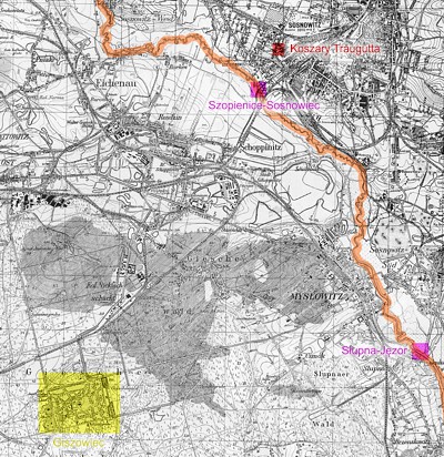 Mapa pokazująca lokalizację Giszowca w stosunku do koszar Traugutta