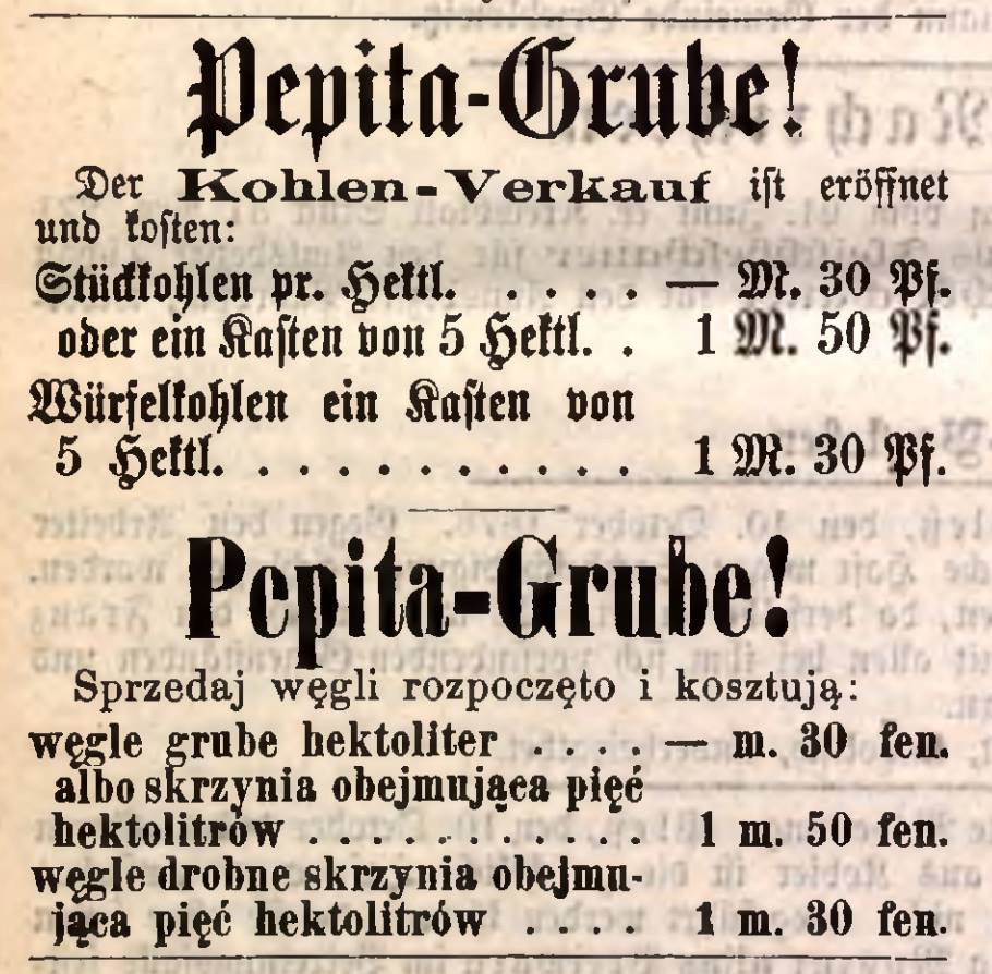Reklama kopalni „Pepita” w gazecie Plesser Kreisblatt, 15.11.1878
