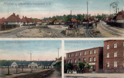 Giszowiec, U góry: ul. Janowska i Zillmanna w budowie<br>Po lewej: kompleks sklepów w Giszowcu<br>Po prawej: księgarnia von Kalytta, Janów