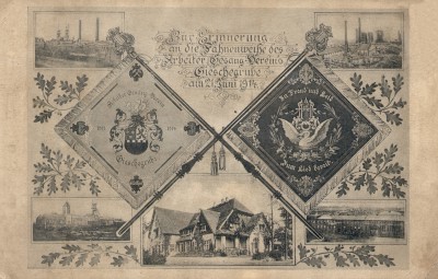 Giszowiec, Pocztówka z okazji poświęcenia sztandarów towarzystwa śpiewaczego kopalni Giesche<br>Na dole zdjęcie giszowieckiej Gospody
