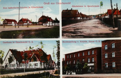 Giszowiec, U góry z lewej: trzy szkoły katolickie<br>U góry z prawej: Jäckelstraße, dzisiejsza ul. Kwiatowa<br>U dołu z lewej: Gospoda<br>U dołu z prawej: księgarnia von Kalytta, Janów