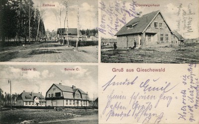 Giszowiec, U góry z lewej: urząd celny przy szosie do Katowic<br>
U góry z prawej: dom nadsztygara przy obecnej ul. Radosnej<br>
U dołu: Dwa z trzech budynków szkolnych